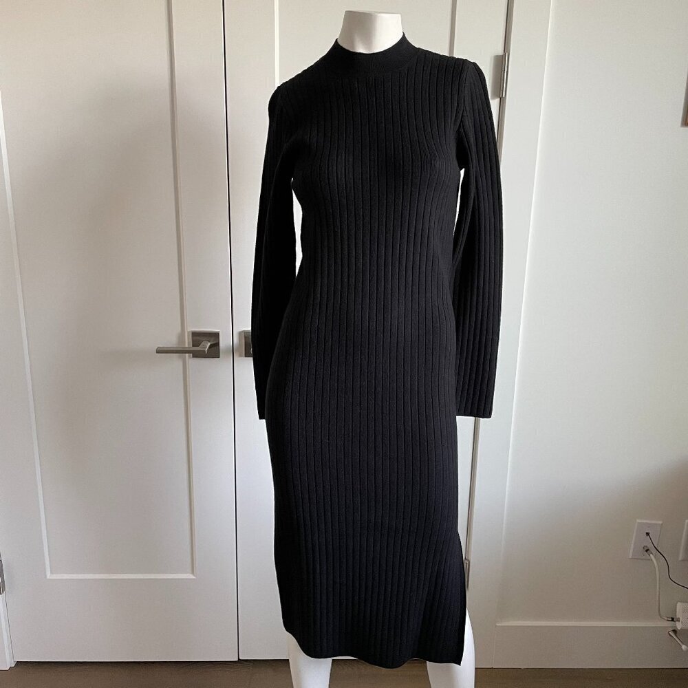 Apricot LS Mock Neck Knit Ribbed Midi Sweater Dress w Side Slit Black Sz XS NWT